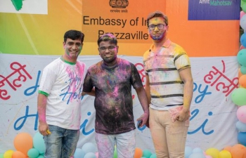 As part of the Azadi ka Amrit Mahotsav (AKAM) celebrations, Embassy along with Indian Association, Brazzaville celebrated " Holi  -- Festival of colours " in the Chancery on March 20. There was colours, games and music during the celebrations, which ended with the partaking of traditional holi snacks. All India based officials & spouses, members of Indian community and local Congolese participated in the celebrations with enthusiasm