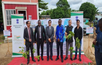 As part of week-long activities under the framework of LiFE --  Lifestyle for Environment, Embassy organised planting of 75 trees on 21 April, 2023 at Roundabout La Frontier, Brazzaville. Shri N.Venkataraman, Charge d'Affaires addressed the gathering. Officials from Ministry of Foreign Affairs, representatives of Mayors office in Brazzaville, Embassy officials, members of Indian diaspora & local Congolese were present on this occasion.