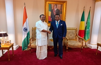 Shri V. Muraleedharan, Minister of State for External Affairs called on Foreign Minister of Republic of Congo H.E.Mr.Jean Claude Gakosso in Brazzaville on 27 October, 2023 on the sidelines of the Three Basins Summit. Both had engaging discussion on ways to enhance the bilateral cooperation particularly in areas of trade, technology, education and investment.